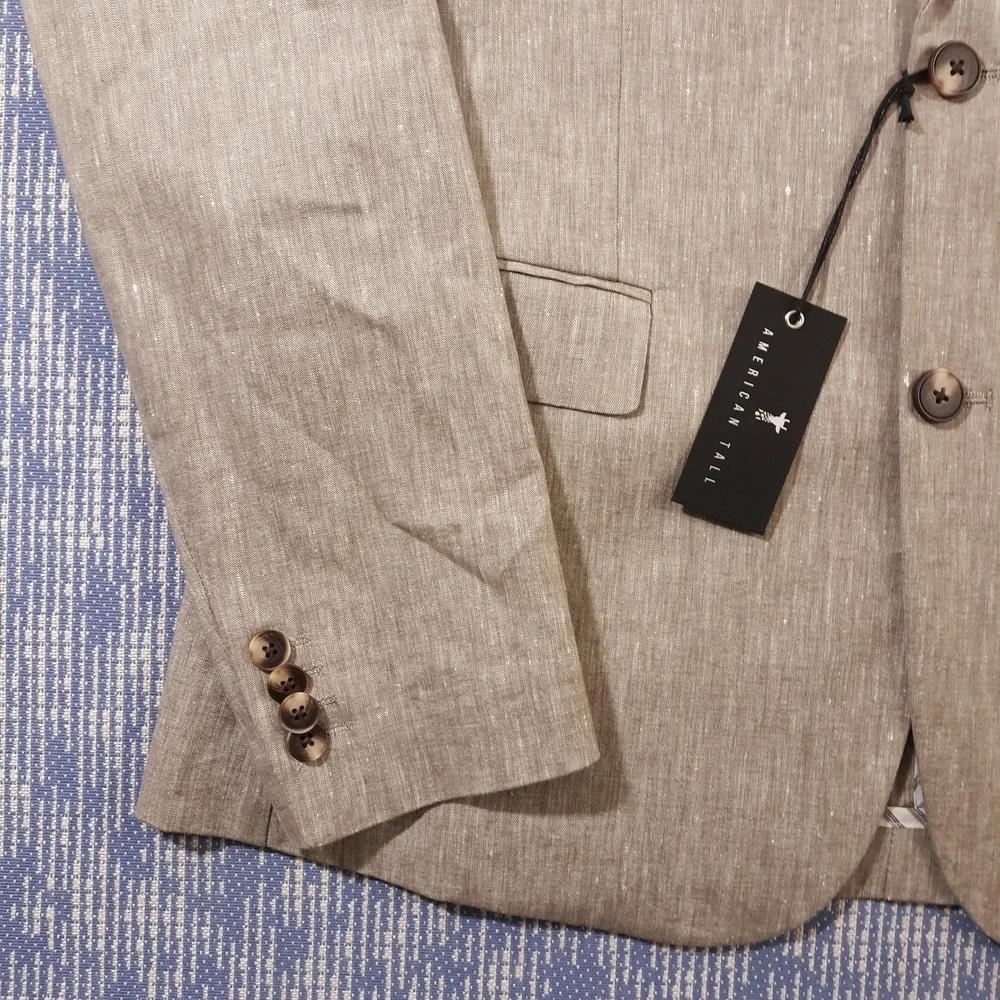 American Tall Linen Blend Blazer Jacket Mens 40 Tall Beige Unstructured NEW